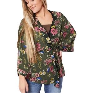 Sandy & Sid Green Floral Long Sleeve Kimono Top Medium